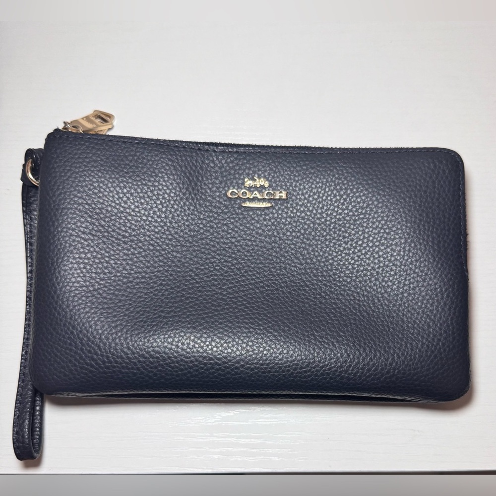 Coach Navy Leather Wristlet with Gold Logo